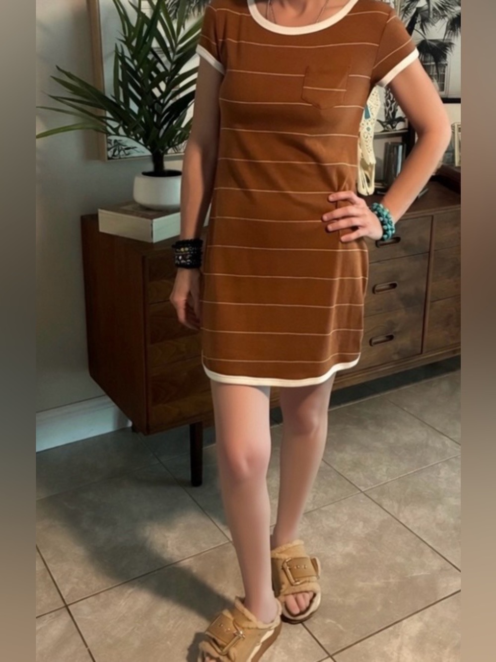 Arizona Jean Company Brown Striped Mini Dress with Contrast Trim